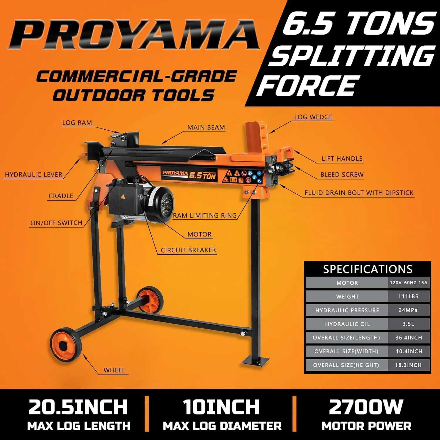 Proyama Log Splitter 6.5 Ton With Stand, Wood Splitter Electric Powered, Hydraulic Ram, Firewood Splitting Machine Black Stand