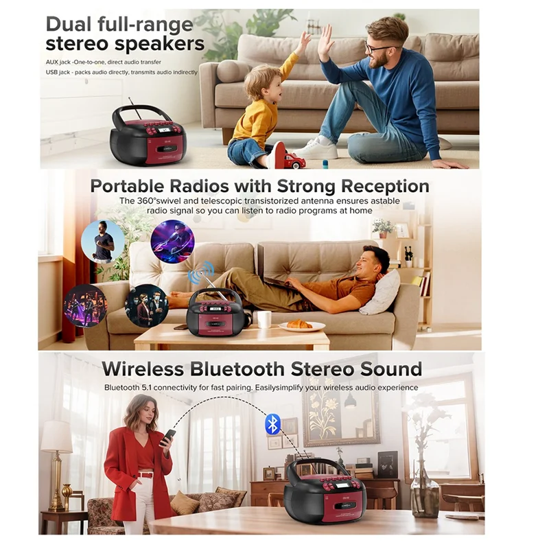 

AAAEL-Boombox CD Player Portable Cassette AM FM Radio Bluetooth Speakers AUX USB MP3 Plays With Remote Control