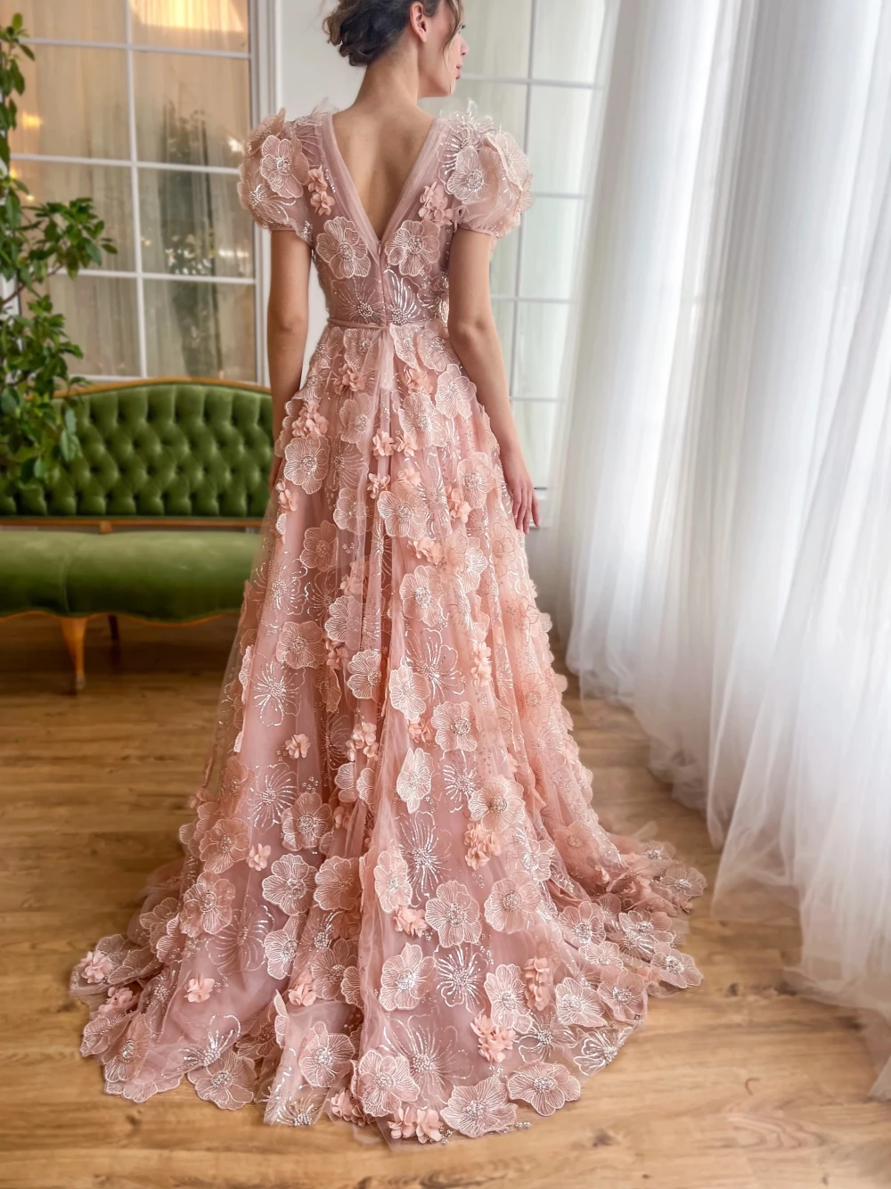 وردة وردي دانتيل 3D زهور الخامس الرقبة فستان حفلة موسيقية اللؤلؤ فساتين السهرة الكوكتيل على شكل حرف A-line المناسبات الرسمية تخصيص النساء حزب ثوب