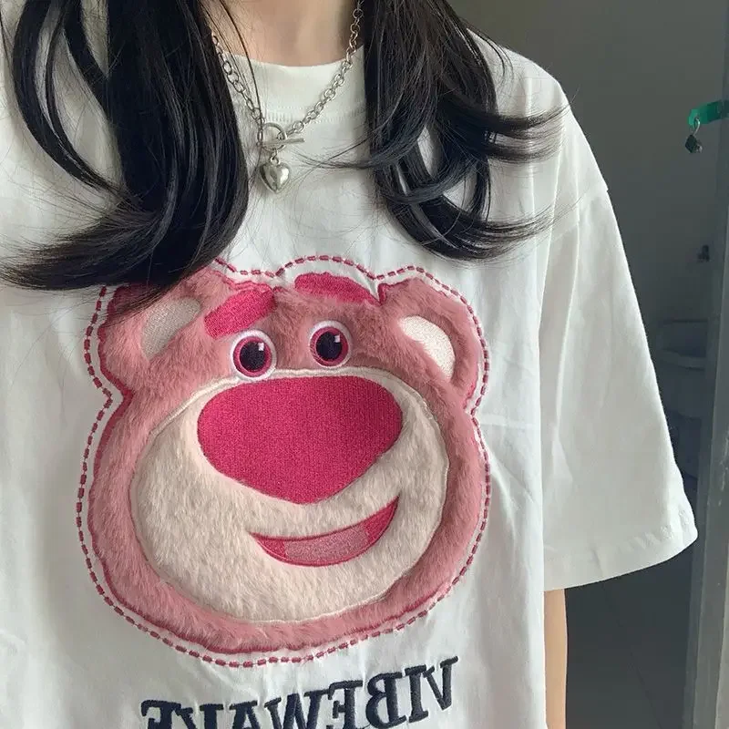 Miniso 2 szt. Niedźwiedź truskawkowy garnitury nadruk na ręczniku postać z kreskówki Lotso bawełniane t-shirty odporne na ekspozycję krótkie kuloty modne ciuchy