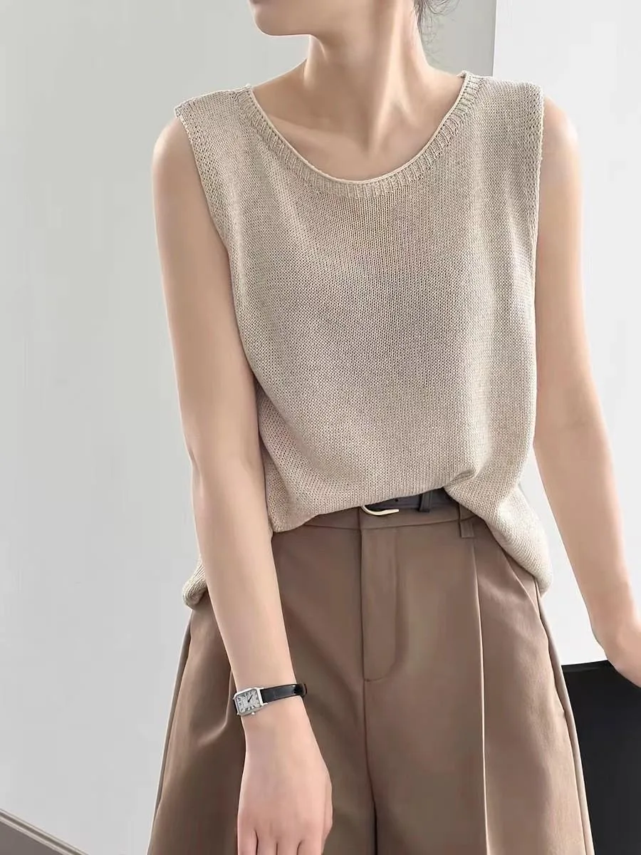 

Summer New Pure Cotton Vest Strap Women round Ne Svel Breathable Casual Cotton Linen Knitted Top T-irt Upper Body