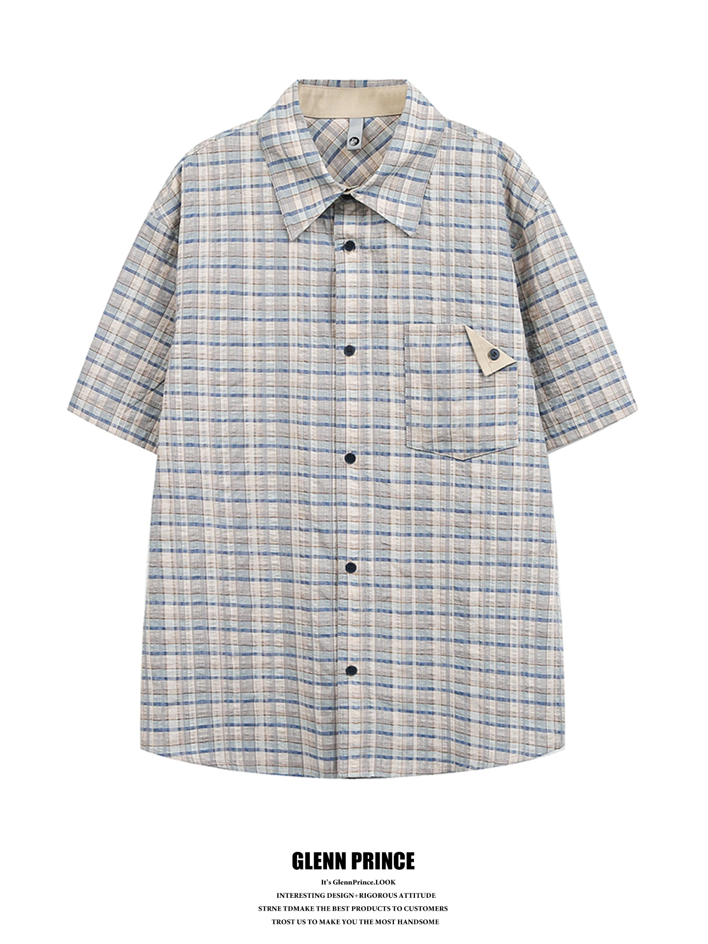 

GPstudio Korean Style Pocket Design Color Block Plaid Short Sleeve Men's Casual Loose Fit Shirt Breathable Cotton Summer Fashion