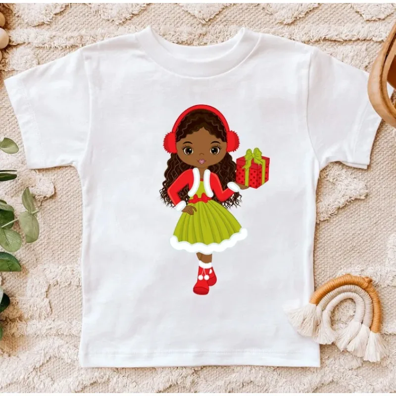 

Summer Beautiful Sex Black Girl Holding Christmas Gift Box Black New Girl T Shirt Girls T-Shirt Short Sleeve Tops Clothes