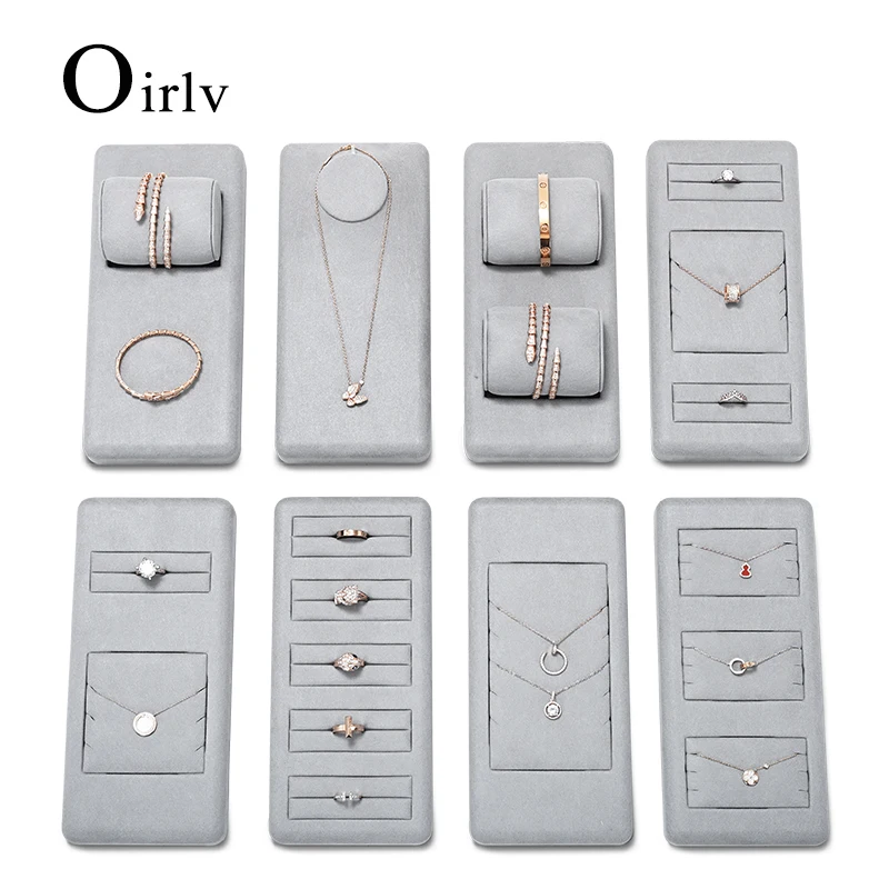 Oirlv Light Grey Microfiber Jewelry Display Set for Earring Ring Necklace Bangle Shop Trays Counter Jewelry Display Props