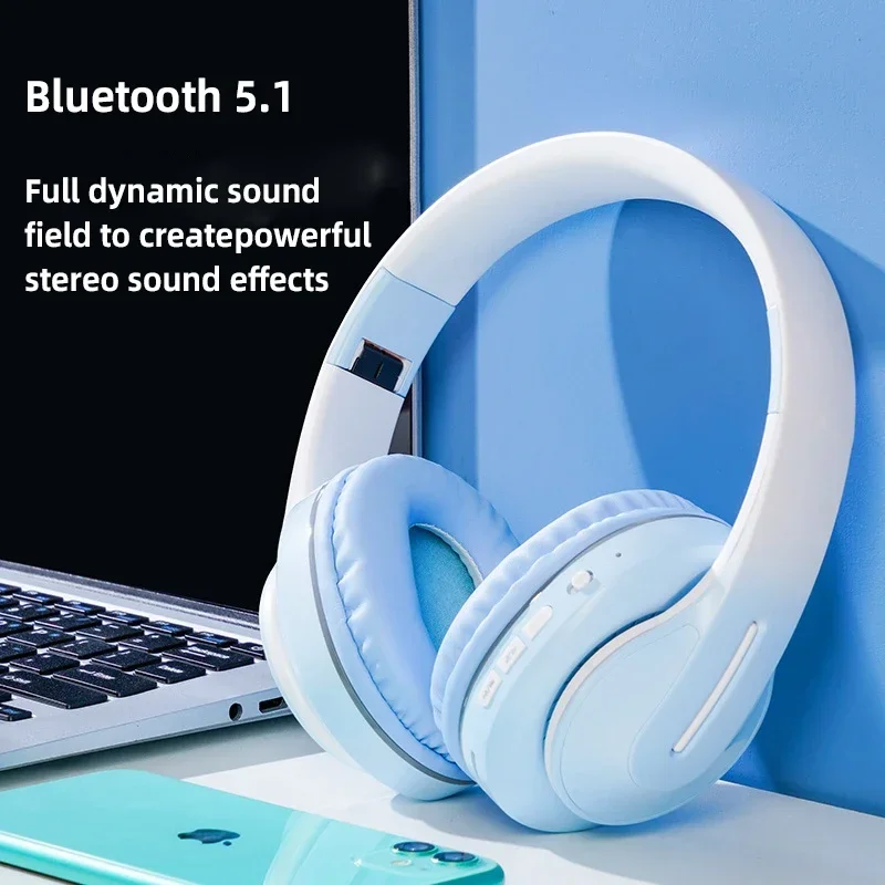 Headphone Nirkabel Gradien Terbaru Earphone Besar Bass Bluetooth 5.3 Headset Ponsel Helm Stereo dengan Mikrofon untuk Anak-anak