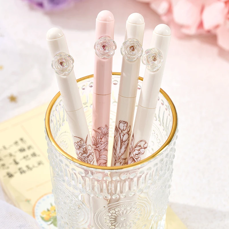 4 Teile/satz Blume Gel Stift 0,5 MM Quick Dry Gel Tinte Stift Für Studenten Kreative Drehen Schreiben Stift Schwarz Refill neutral Stift Schreibwaren – Detail 7