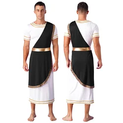 Mens Halloween Ancient Greece Roman Cosplay Toga Robe Short Sleeve Retro Gold Gown Caesar King Theme Party Role Play Costume