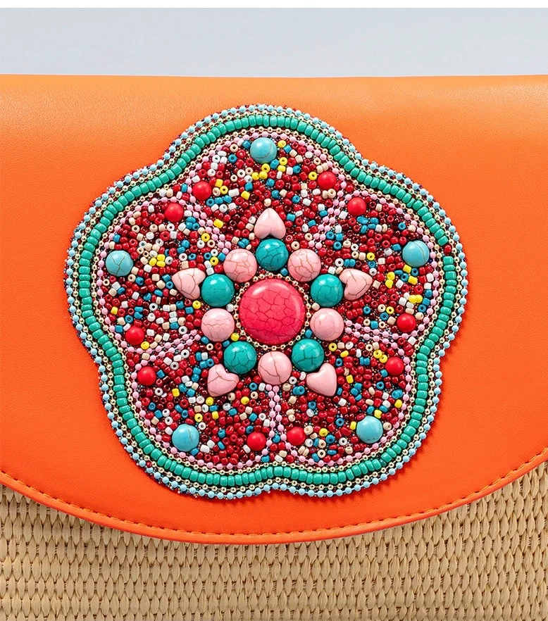 Exquisite Design Women Woven Hand Bag High Quality Luxury Rice Bead Decoration Woven Bag Women Messenger Shoulder Bag