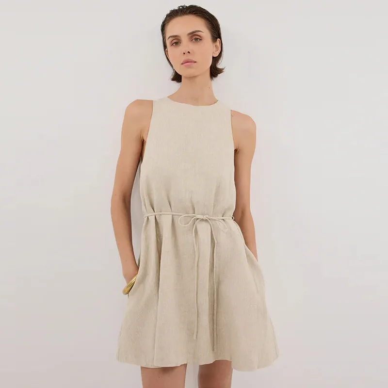 100% linnen elegante korte damesjurken met veters nieuwe zomer mouwloze losse strandvakantie a-lijn mini-jurk boho-jurken