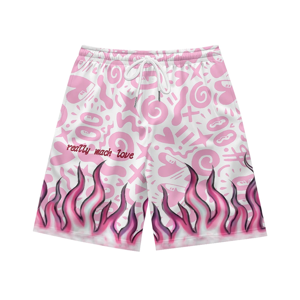 Pink flame pattern suitable for daily wear, simple temperament, casual trend, summer men's drawstring beach sports shorts