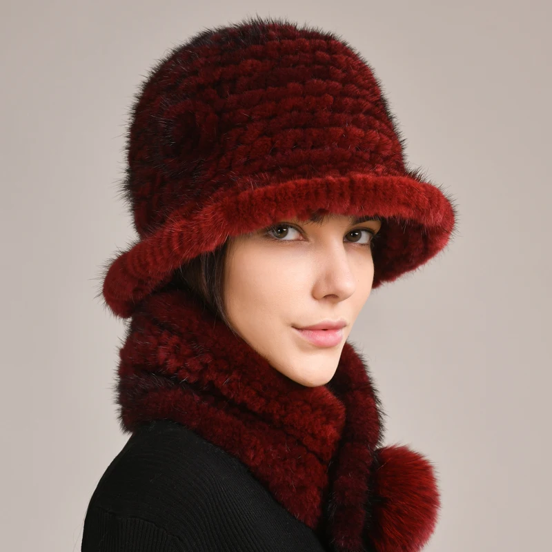 Mink Fur Hat Women Handmand Knitted Fur Hat Scarves Set Winter Scarves Luxury Outdoor Real Mink Fur Hat Fluffy Natural Fur Caps