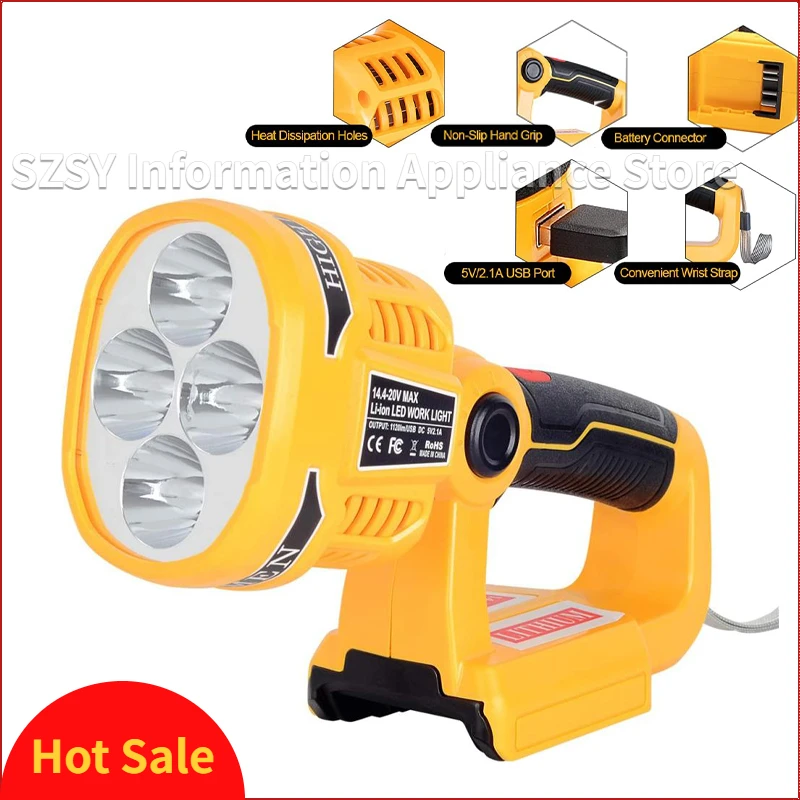 

LED Work Light 12W Replacement for Dewalt 20V 18V Lithium Battery USB Outdoor Tools Flashlight Spotlight DCB140 DCB200 Portable