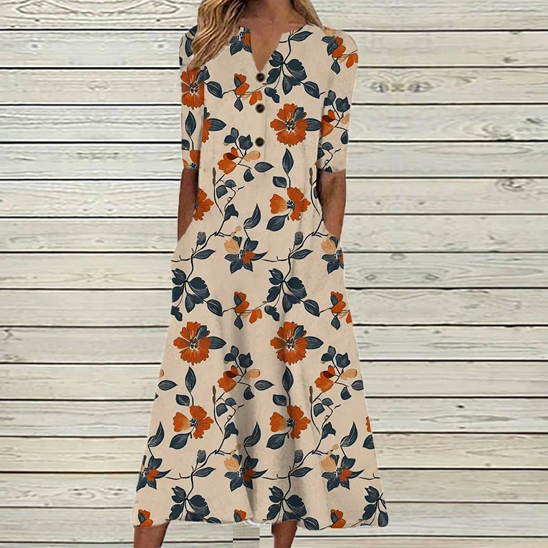 Sommer Maxi Kleid Frauen Vintage Gedruckt Sommerkleid Beiläufige Lose Kurzarm V-ausschnitt Vestidos Strand Urlaub Robe Langes Kleid Boho