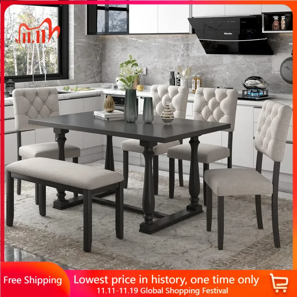 

6-Piece Dining Table and Chair Set with Special-Shaped Legs and Foam-Covered Seat Backs&Cushions for Dining Room