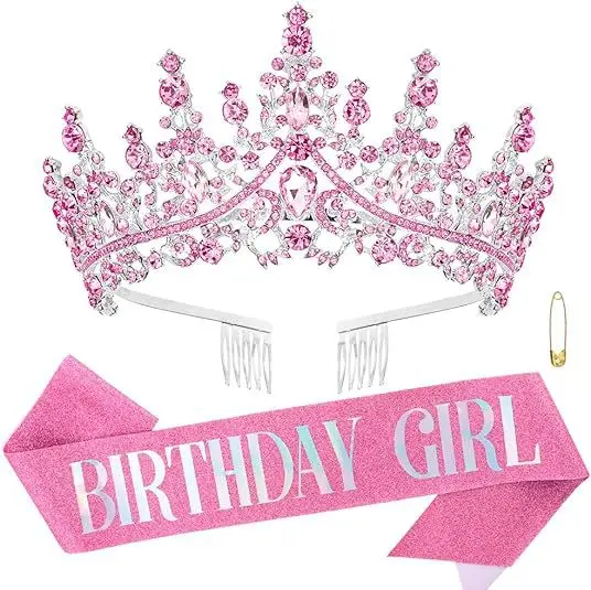 

Women Pink Crystal Crowns and Glitter Sash Set Birthday Party Tiara Decoration