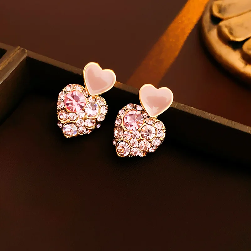 Gold Plating Rhinestone Pink Heart Drip Stud Earrings for Women Fashion Simple Versatile Earring Silver Needle Jewelry Wholesale