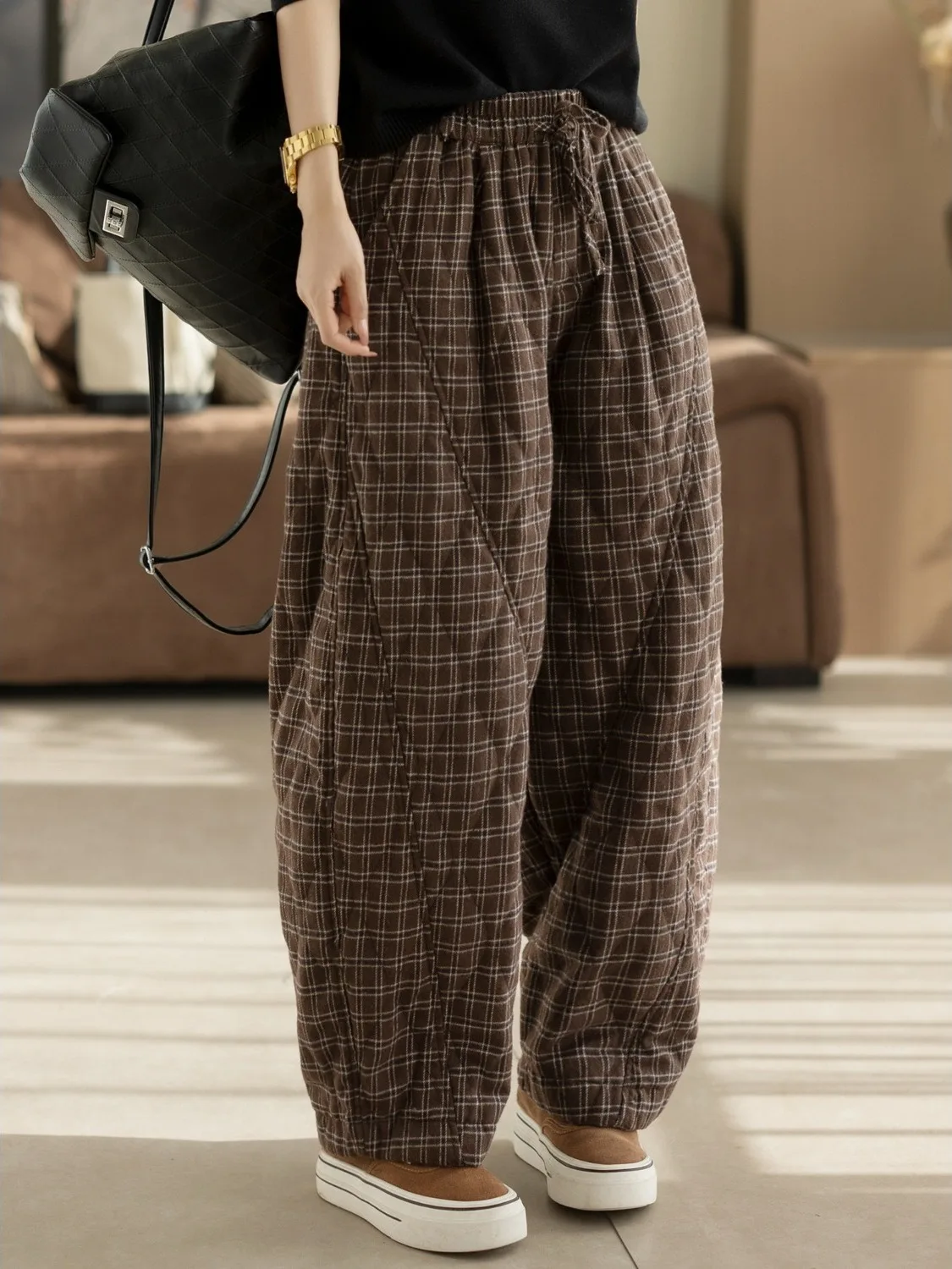 Artistic Fashionable Plaid Cotton Trousers for Women High Waist Loose Fit Casual Pants Winter 2026 Ladies High Quality Clothing