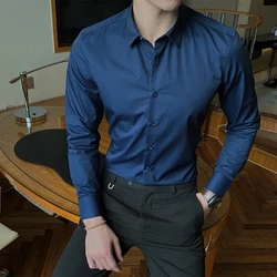 2024 Classic Men's Business Fashion Work Long Sleeve Shirt Solid Color Casual Slim Cotton Formal Shirt for Men in 7 Colors