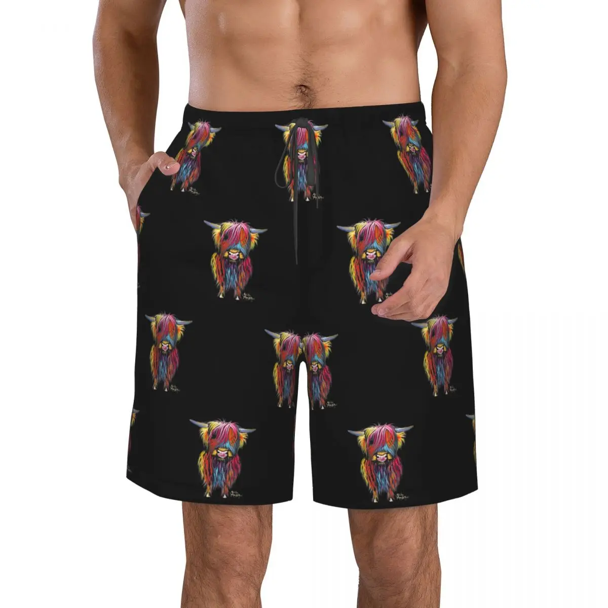 Scottish Hairy Highland Cow Trunks Beach Board Shorts Casual Quick Dry Swim Summer Men Pants