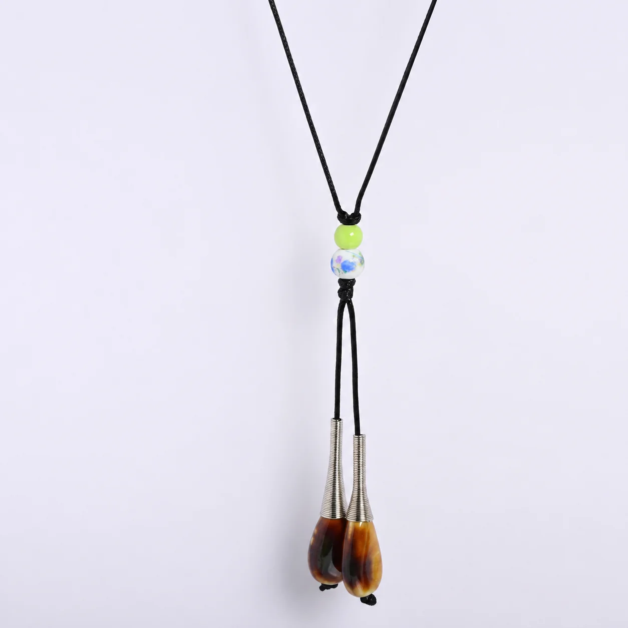 Handcrafted Multicolor Ceramic and Alloy Double Pendant Necklace Adjustable Wax Cord Bohemian Ethnic Long Style Jewelry