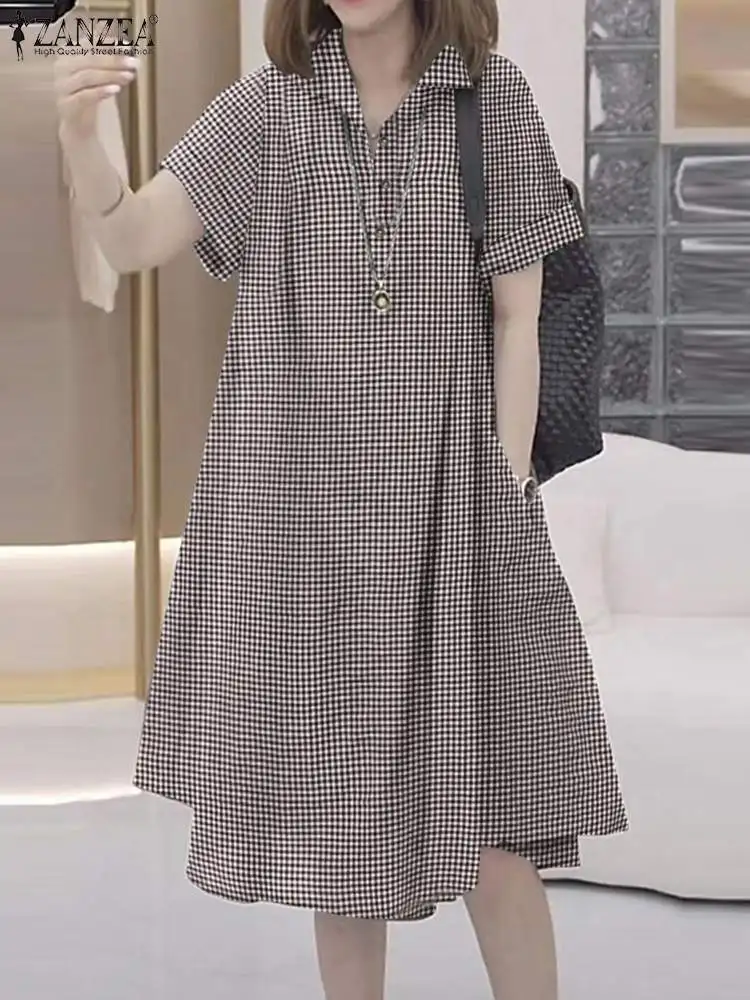 Summer Fashion Plaid Check Dress ZANZEA Women Vintage Lapel Neck Short Sleeve Baggy Sundress Robe Femme Casual Work Vestidos