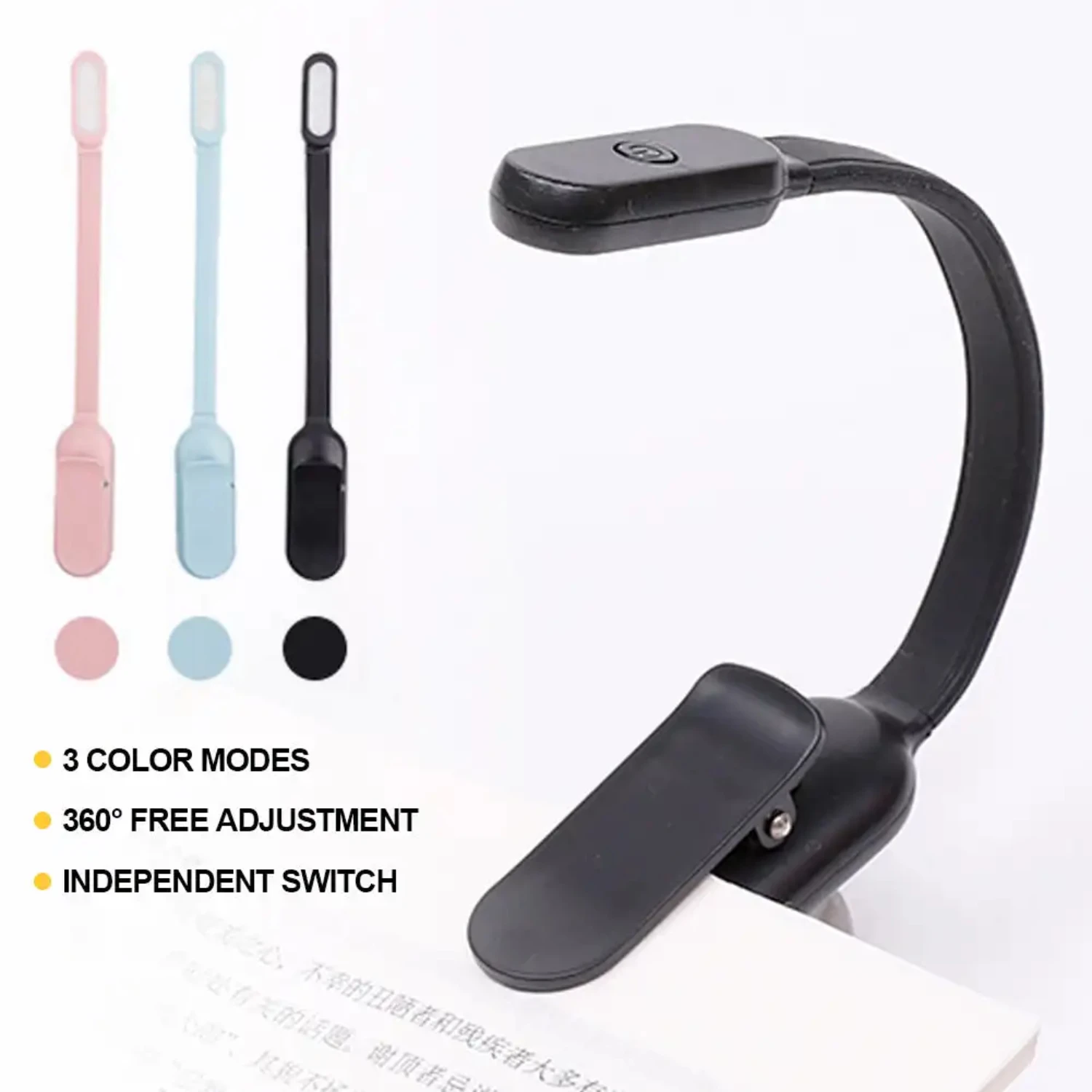 

USB Mini LED Book Night 3 Light Color Adjustable Brightness Clip-On Study Reading Lamp Rechargeable Travel Bedroom Reading