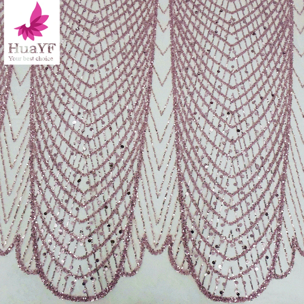 High Quality Mesh Beaded Transparent Sequins French Off White Bridal Dress Fabric Factory Price Pink Lace Trim 5 Yards HY1785