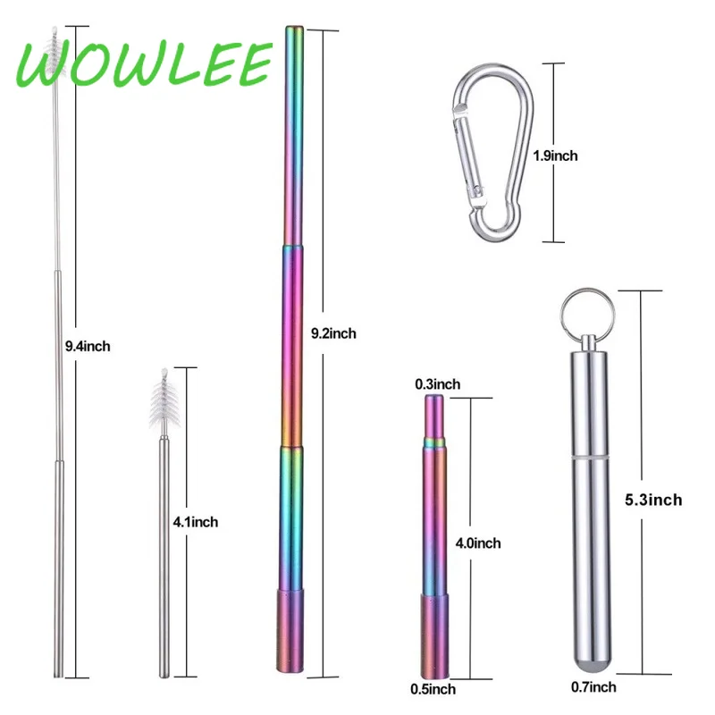 Reusable Stainless Steel Straws with Aluminum Keychain Case Cleaning Brush Collapsible Telescopic Portable Drinking 