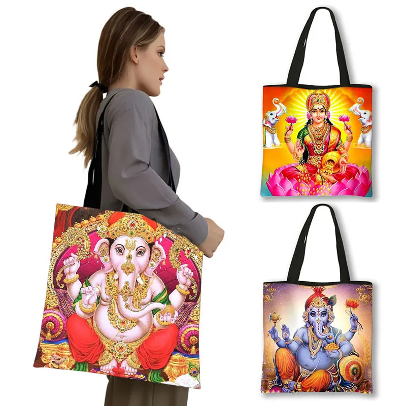 Indian Gods Vishnu Shoulder Bag Brahma and Shiva Handbags Eco Reusable Tote Bag Radha Krishna Casual Large Capacity Shopper Bags