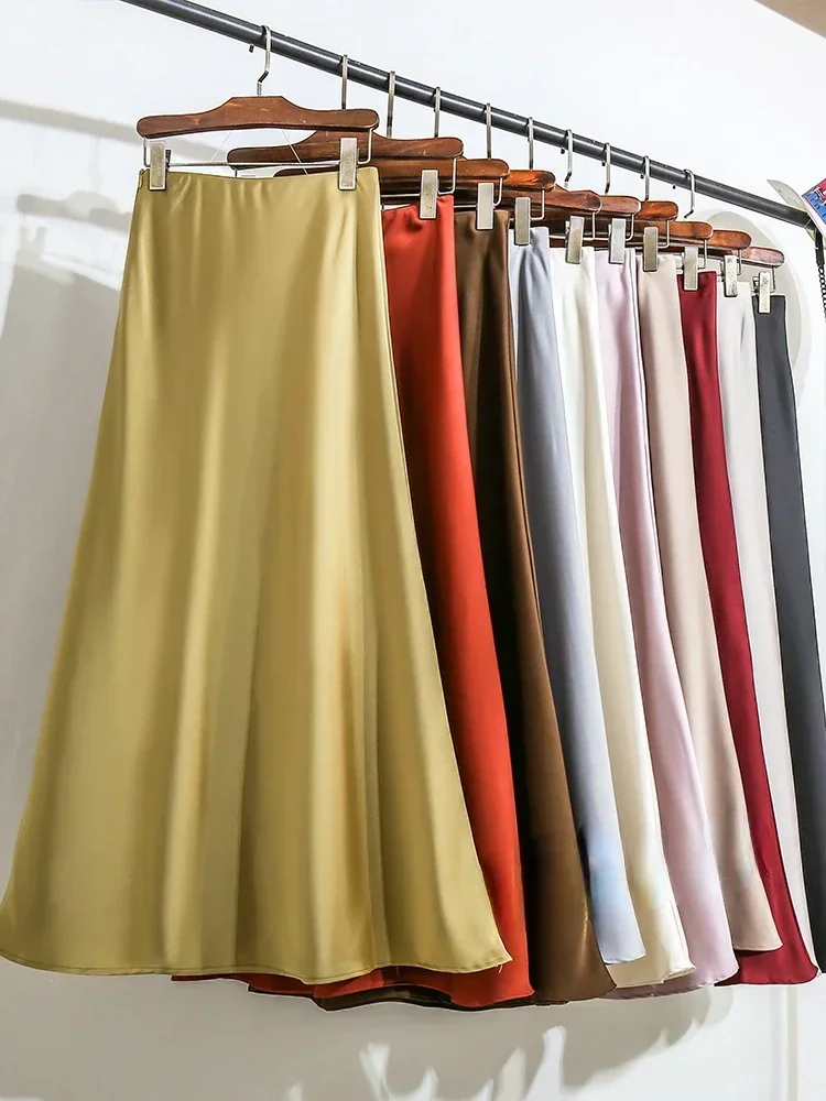 

Women's Long Skirt 2024 New Fashion Satin Skirt Office Lady Elastic Waist Solid Champagne Purple Red Silk A-LINE Skirt for Women