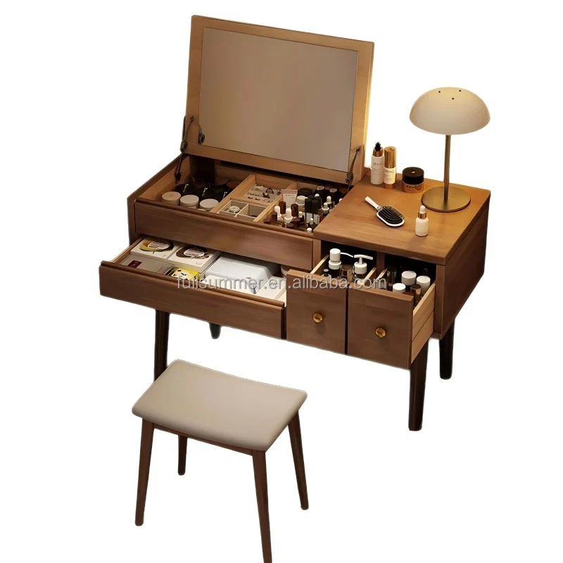Fullsummer Solid Wood Vanity Table Modern Minimalist Dressing Table with Storage Flip-Top Makeup Desk for Bedrooms