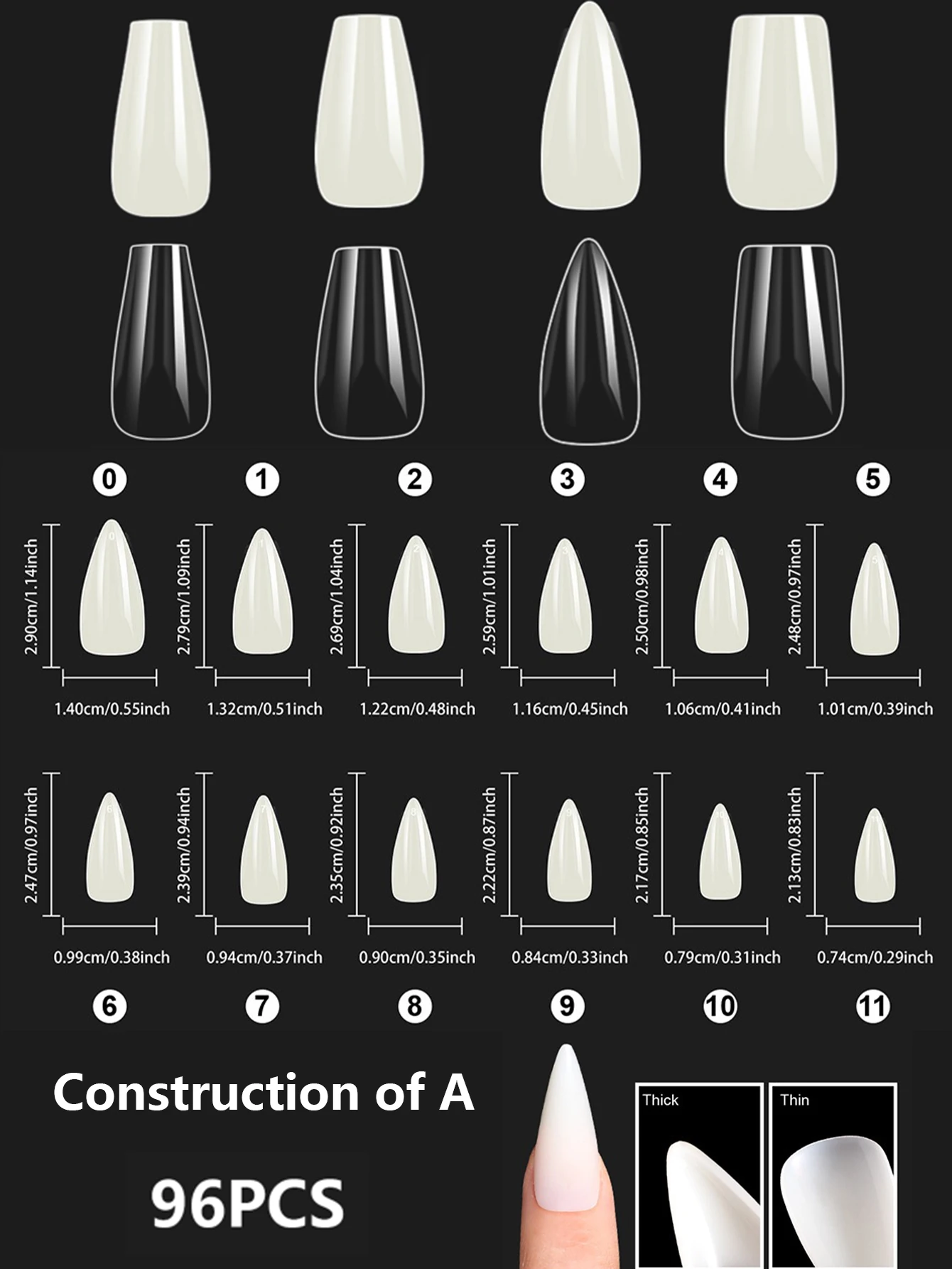 HOTWAY 96 pieces of arched prefabricated nail plates, medium almond/medium long coffin/square, transparent and natural white tra