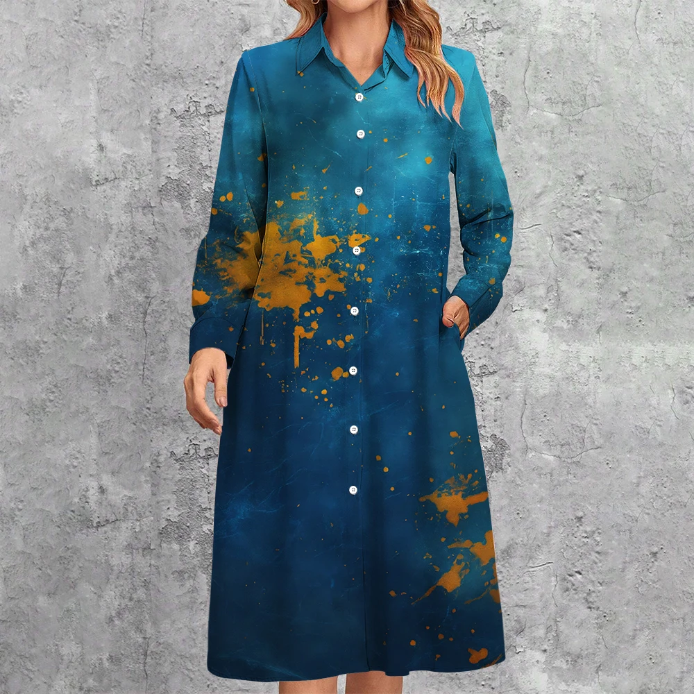 Women's Clothing Irregular Colourful Print Shirt Dress with Pockets Chic Long Sleeve Button Blouse Dress Ladies Commuter Dresses