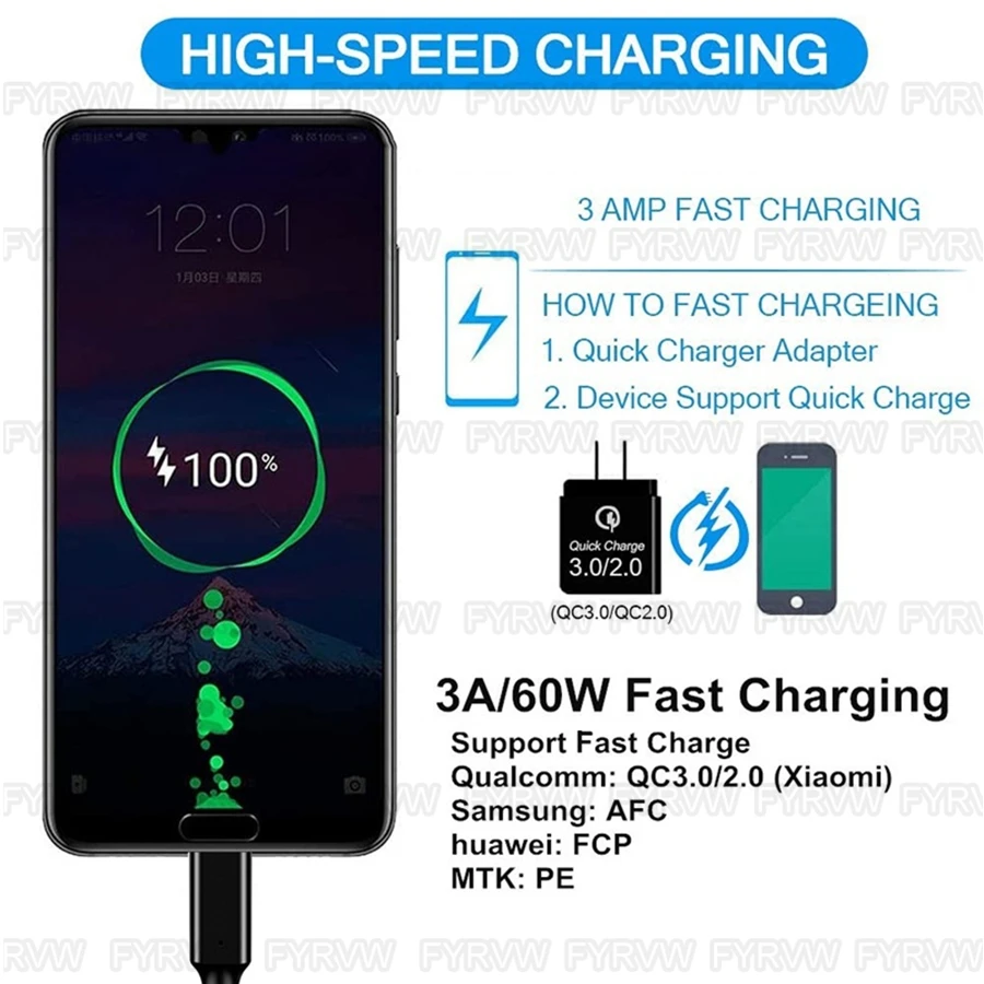 USB 10Gbps Cable USB3.2 Gen2 Type A to USB C Cable Data Transfer SSD Hard Disk Cable 60W QC3.0 Fast Charging Android Auto Cable