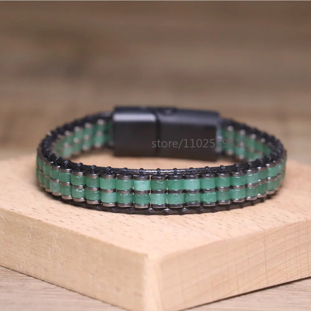 Natural stones Boho Handmade Braided Green Aventurine Beaded Magnetic fastener Bracelet for Men and Women Healing Jewelry
