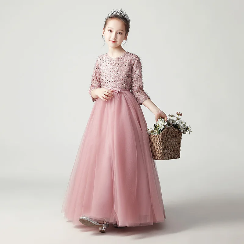 Child Girl Evening Plush Sequin Dress Princess Elegant Pageant Formal Birthday Party Long Ball Gown Big Kids Red Pink Grey Frock