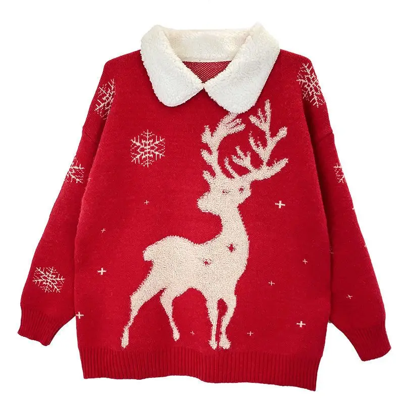 Christmas Series Doll Collar Knitted Sweater Women 2024 Autumn Winter Deer Pattern Thickened Lazy Style Loose Long-Sleeved Top