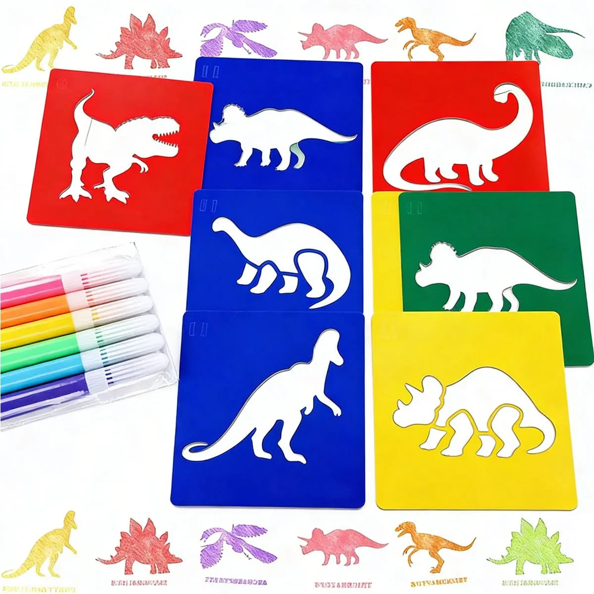 6Pcs Dinosaur Painting Stencils with 6Pcs Mini Markers Washable Plastic Template Set DIY Art Craft for Classroom  ZSY