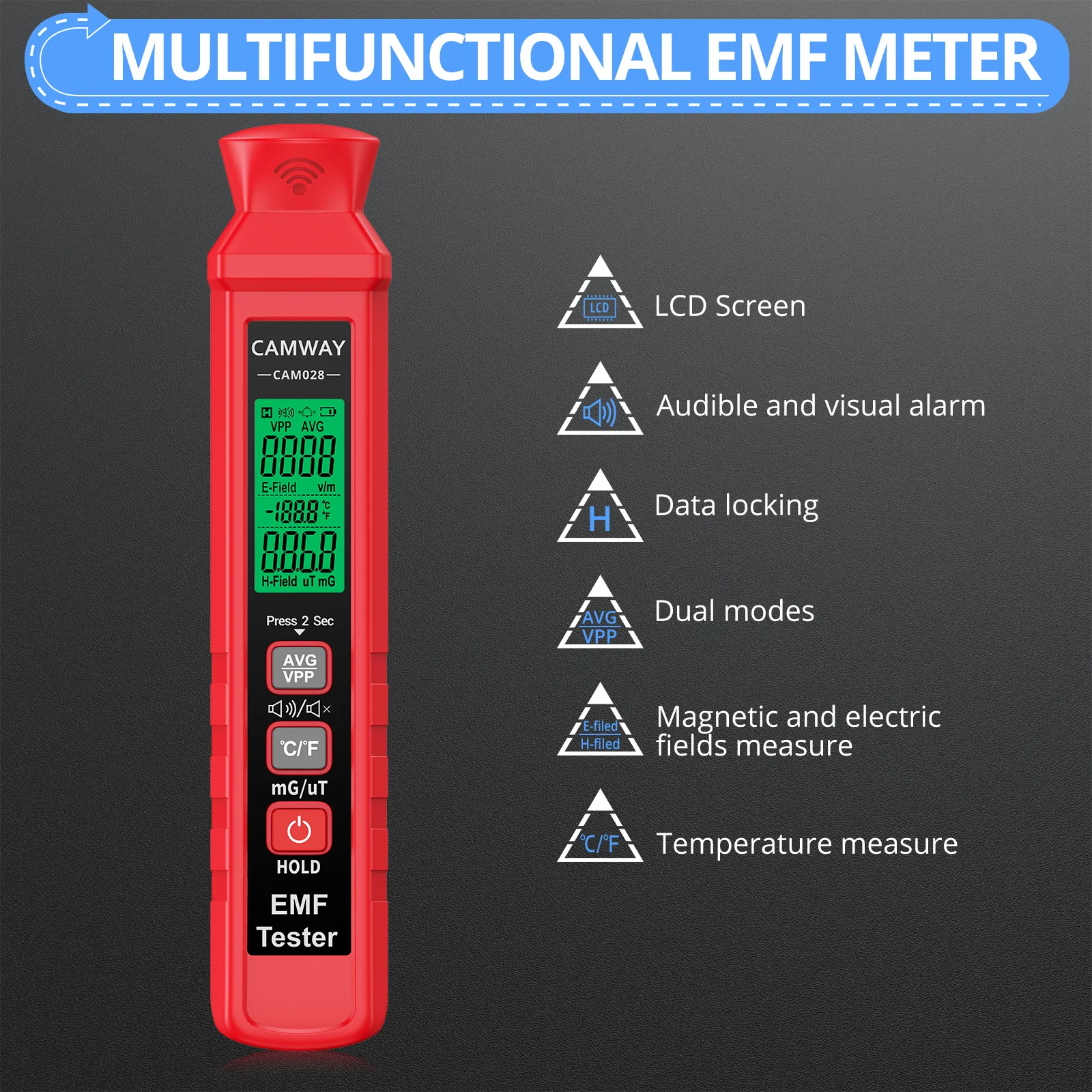 CAMWAY EMF Meter Digital Electromagnetic Radiation Detector Handheld LCD EMF Tester For Check Home Office Outdoor Computer Room