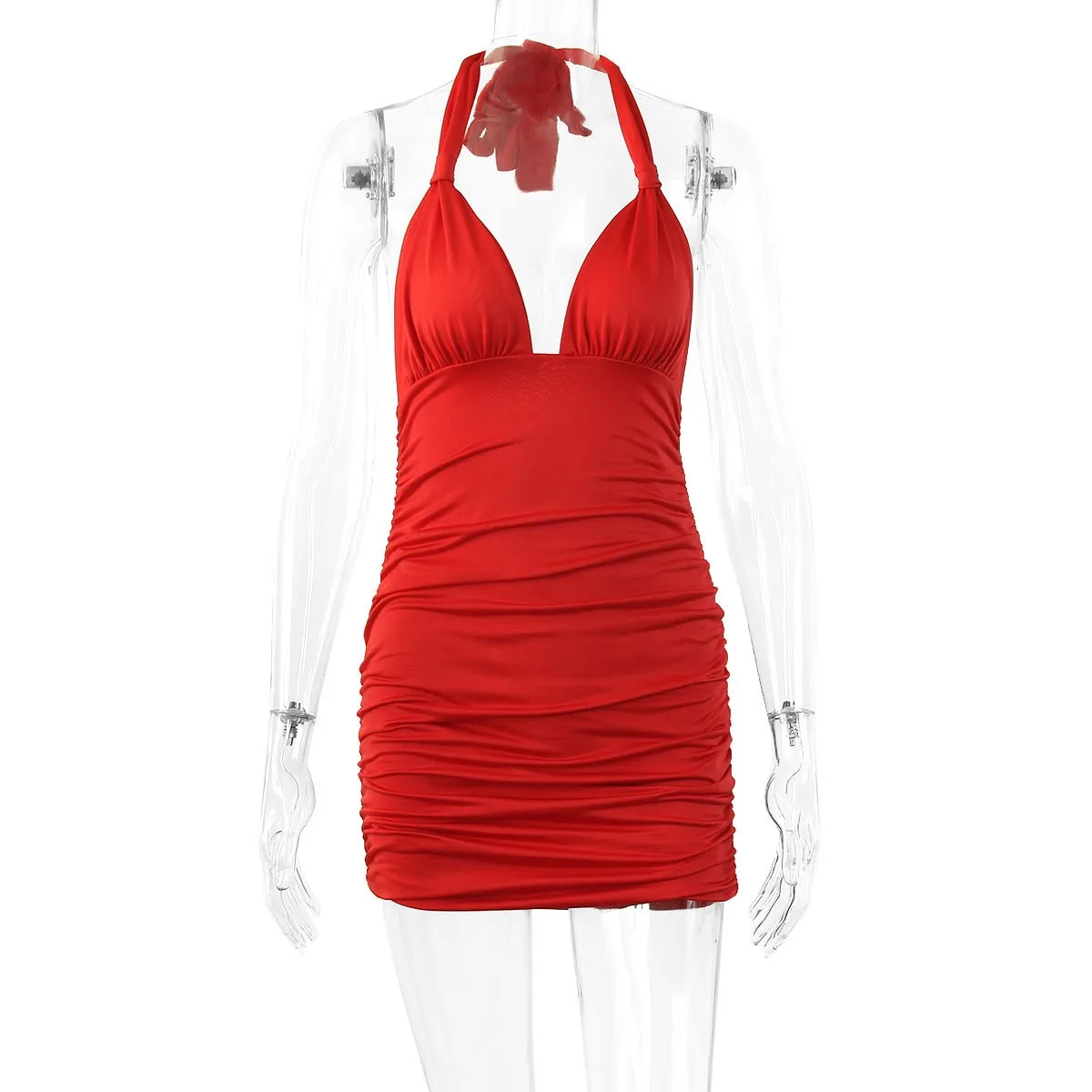 Summer Women's Clothing Deep V Neck Tie Back Cut Out Ruched Dress For Woman Short Bodycon Milk Silk Polyester Blend Fabric view 4
