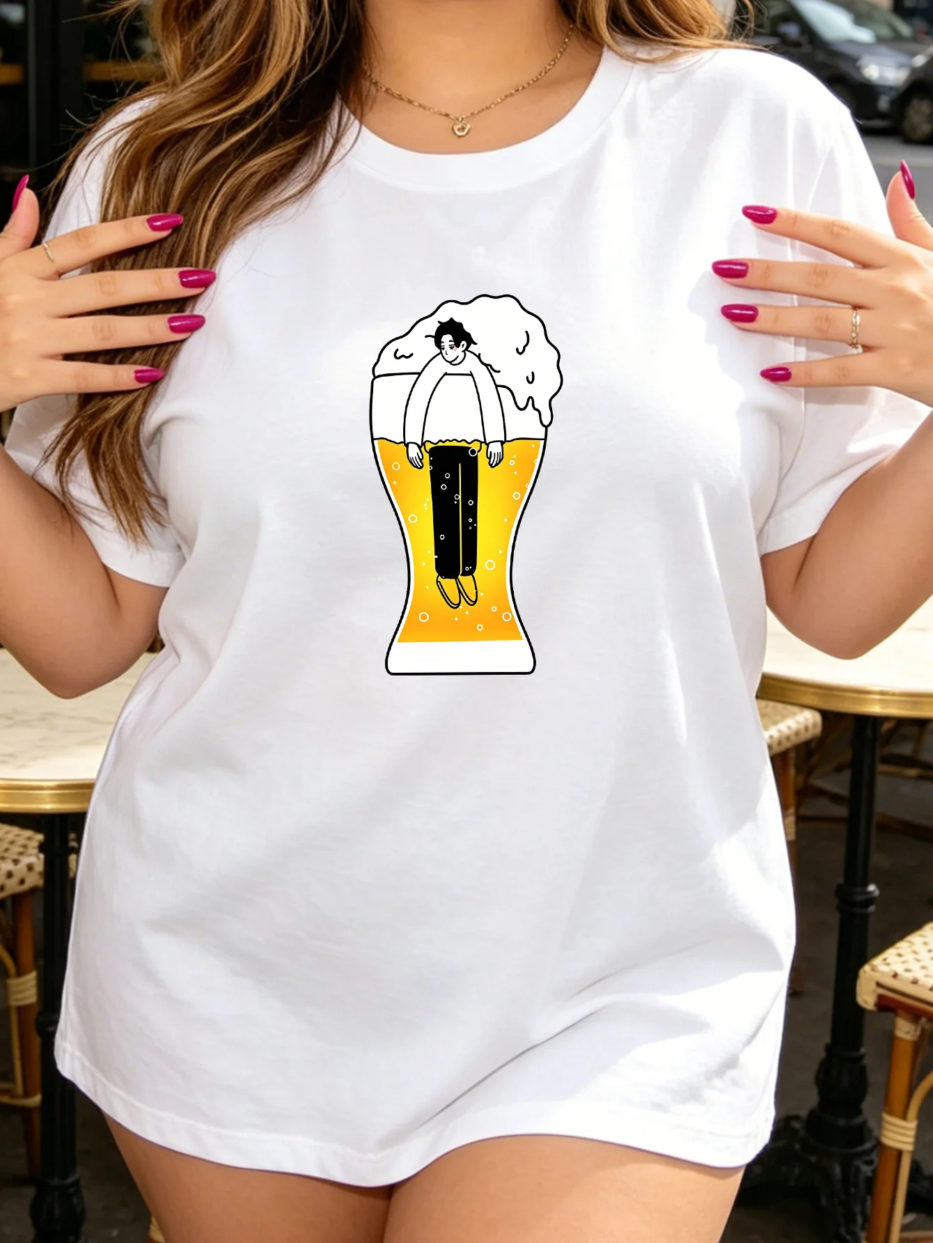 Women Crew Neck Tee Man In Beer Glass Graphic Print Short Sleeve Loose Ladies Summer Soft Cotton Plus Size Casual Street Top