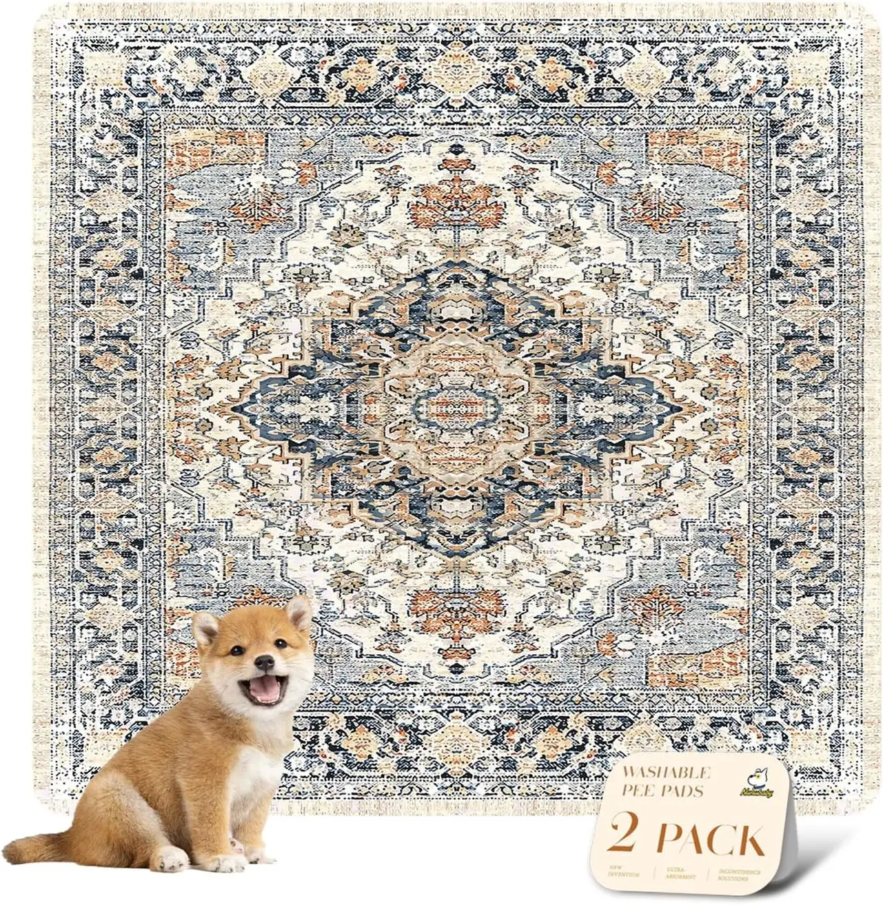 Washable Dog Pee Pads, Non-Slip Leak-Proof Reusable Potty Training Mats for Crates Floors (Beige/Multi, 36x36 Inches)