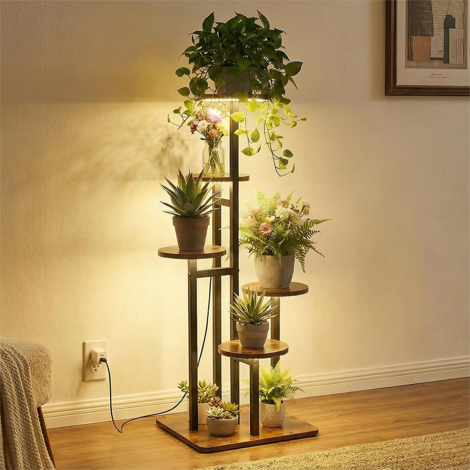 

5 Tier Plant Stand with Grow Light for Indoor Plants, Corner Flower Shelf Vintage Design