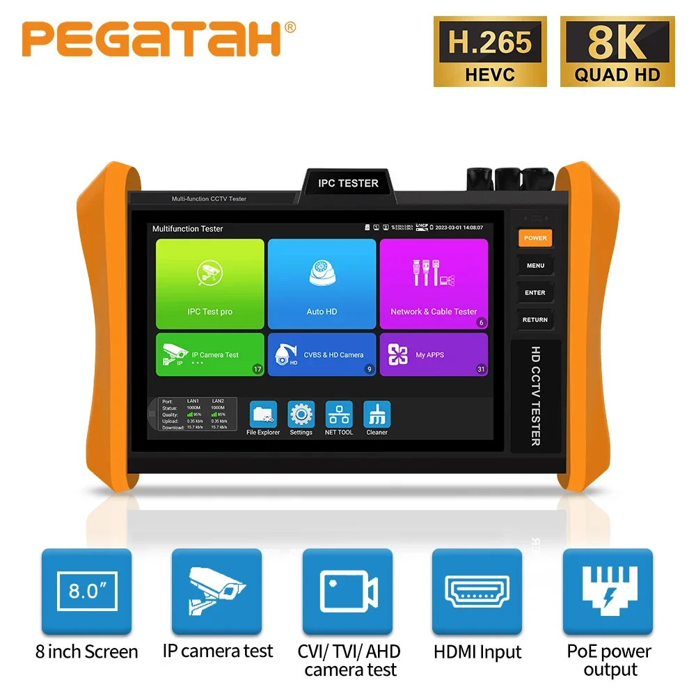 PEGATAH 8 inch IPS Touch Screen CCTV Tester AHD/TVI/CVI 8K H.265 IP Camera Tester Support POE++, SFP Module Ipc Tester POE