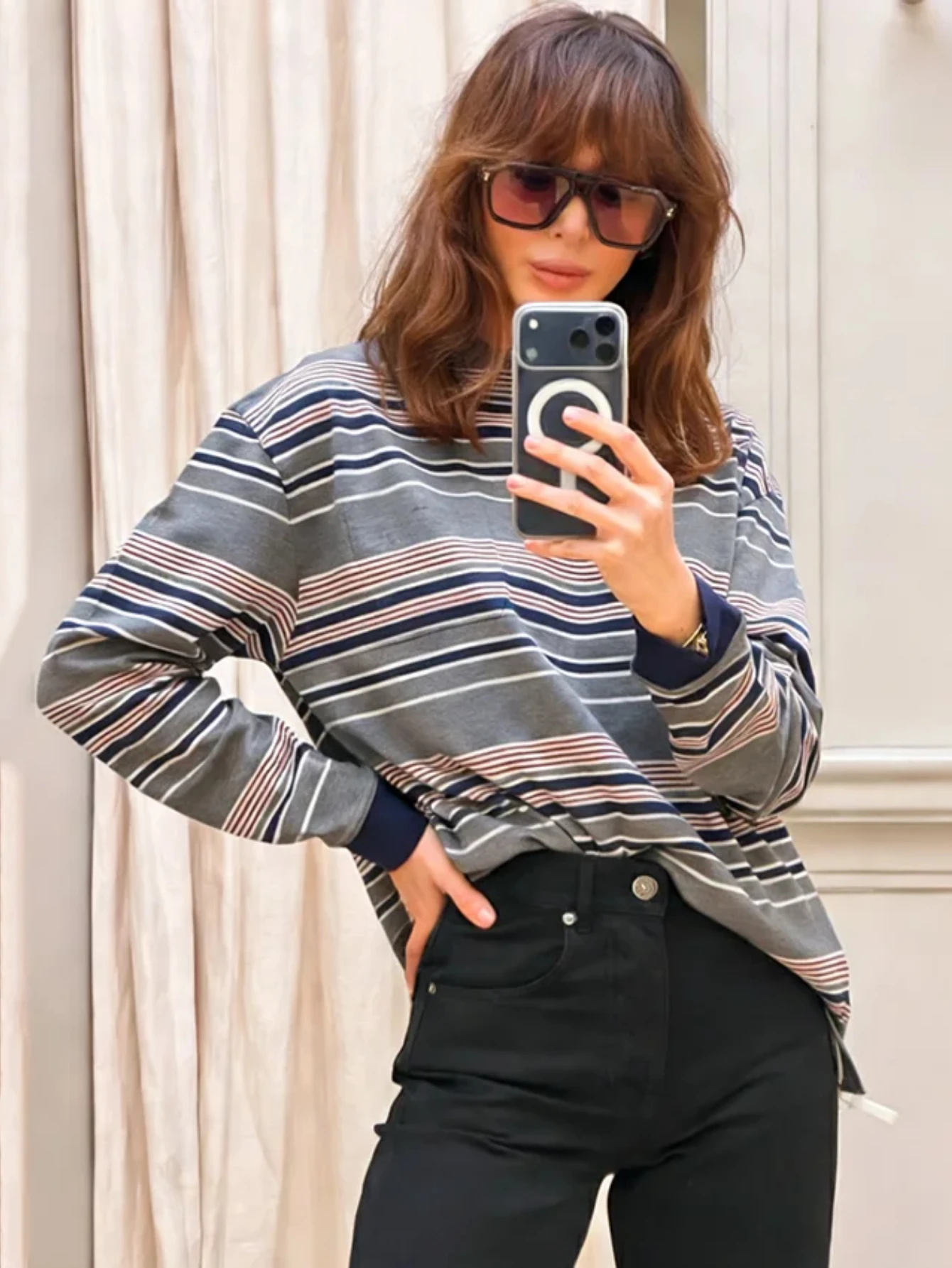 

Женские трикотажные топы с длинным рукавом и круглым вырезом в полоску, повседневные свободные футболки в уличном стиле, мода Весна 2026