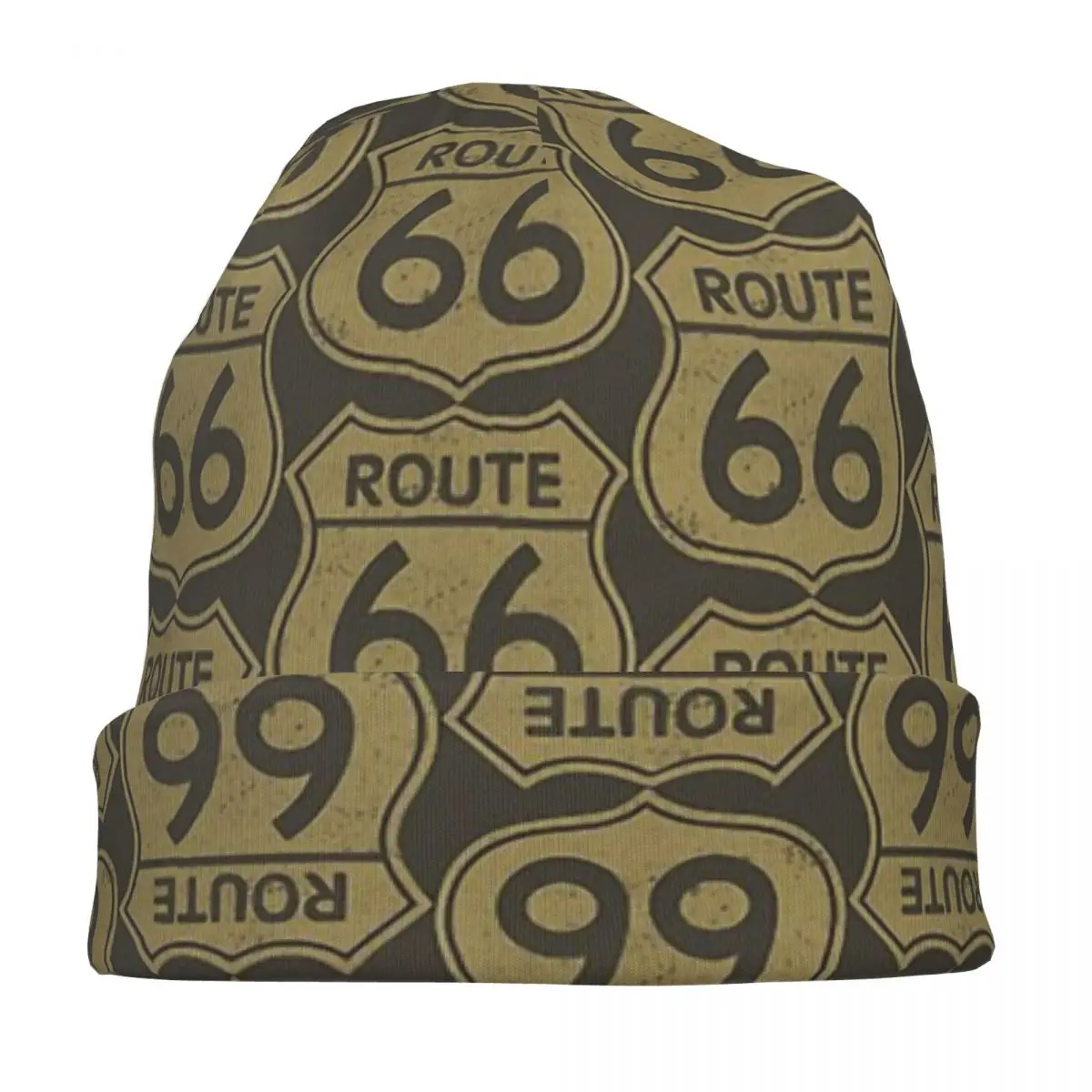 Route 66 (gold Distressed Design) Knitted hat for men and women Gift Unisex winter warm brimless urinal hat