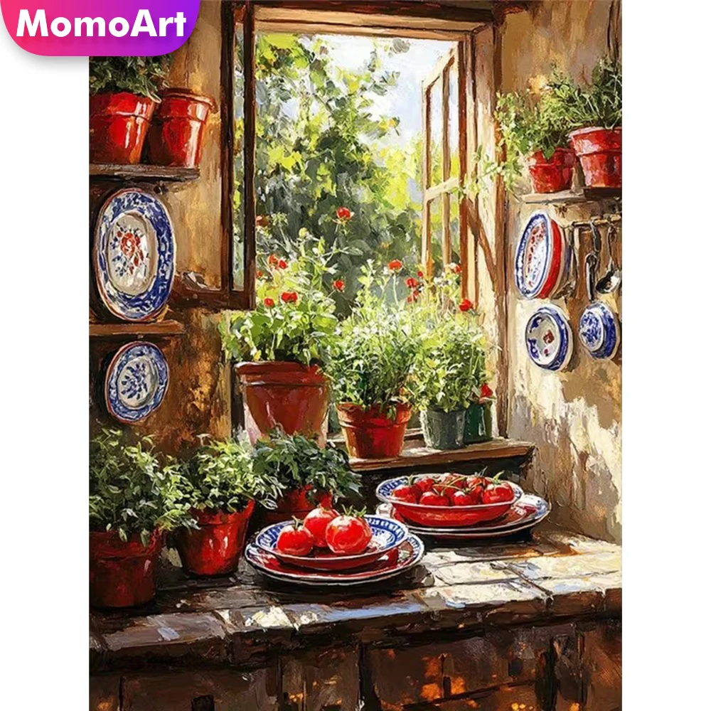 Momoart Diamant-Mosaik Blumentopf-Blumenvase Vollquadratische Runde Diamant-Malerei Fenster-Landschaft DIY Stickerei Einzigartiges Geschenk