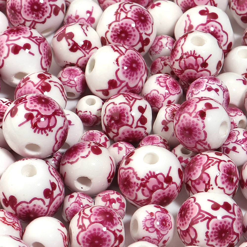 20-30 Stück 6/8/10/12mm Jingdezhen Keramikperlen Hotpink Pflaumenblüten Runde Lose Perlen für Schmuckherstellung DIY Armbänder Halskette
