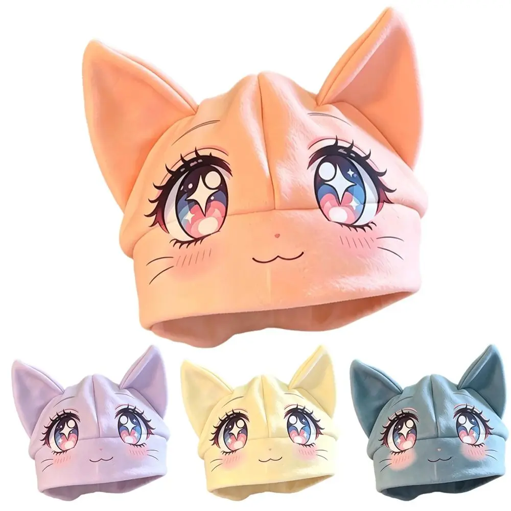 New Soft Cat Ear Beanie Hat Cartoon Animal Face Warm Ear Covering Winter Hat Foldover Cuff Winter Skull Cap Daily Outfits