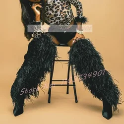 Feather Warm Long Boots Women Sexy Fur Pointy Toe Slip-On Snow High Heels Boots Female Big Size Evening Party Trendy Furry Shoes